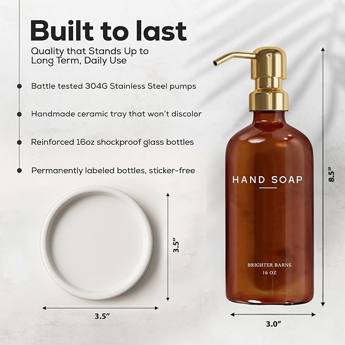Luxury Glass Hand Soap Dispenser Bathroom Set by Brighter Barns - Refillable Liquid Hand Soap Dispenser Set for Kitchen - Gold Bathroom Decor and Accessories for Airbnb, Spa, Hotel, Gifts (Amber/Gold) - Image 3