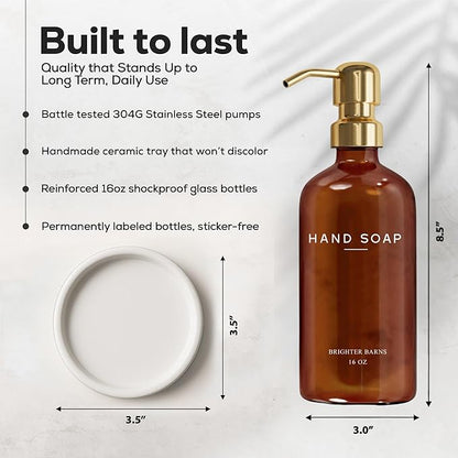 Luxury Glass Hand Soap Dispenser Bathroom Set by Brighter Barns - Refillable Liquid Hand Soap Dispenser Set for Kitchen - Gold Bathroom Decor and Accessories for Airbnb, Spa, Hotel, Gifts (Amber/Gold) - Image 3