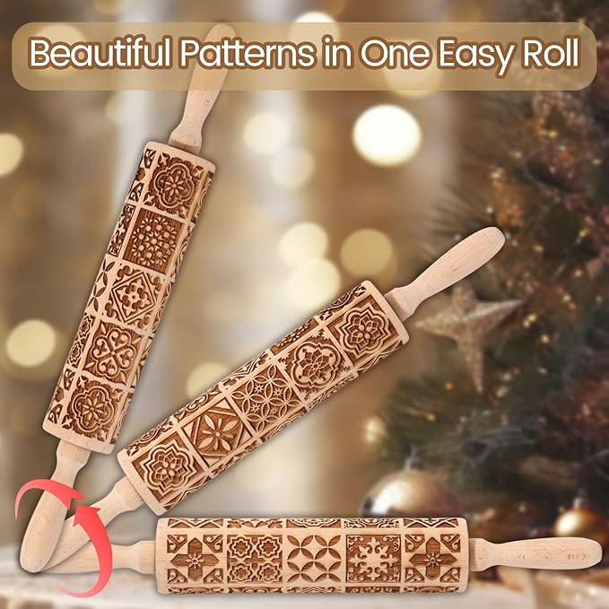 Christmas Embossed Rolling Pin for Baking Cookies Embossing Rolling Pins with Design Wooden Engraved Springerle Roller Pin Dough Patterned Clay Pottery Ceramic Bakers Women (Vintage Square Patterns)