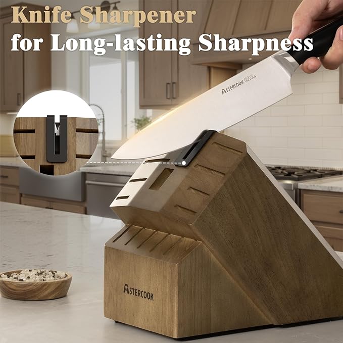 Astercook Knife Set, Kitchen Knives Set with Block and Sharpener Full Tang 17 Pcs German Stainless Steel Knives Sharp Blade Dishwasher Safe Premium Knife Set, Black Mothers Day Gifts for Women - Image 4