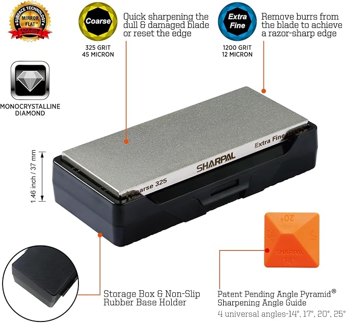 SHARPAL 156N Double-sided Diamond Sharpening Stone Whetstone Knife Sharpener | Coarse 325 / Extra Fine 1200 Grit | Storage Case with NonSlip Base & Angle Guide (6 in. x 2.5 in.) Mothers Day Gifts - Image 2
