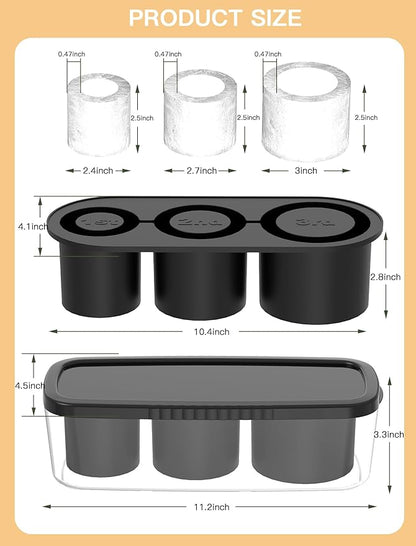 Ice Cube Tray for Tumbler Cup 30Oz-40Oz, 3 Pcs Silicone Cylinder Ice Mold with Lid and Bin for Freezer, Easy Fill and Release Ice Maker for Whiskey, Cocktail BPA-Free (Black, 40Oz-Type1)