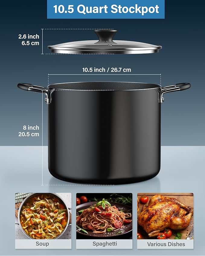 Cook N Home Nonstick Stockpot with Lid 10.5-Qt, Deep Cooking Pot Cookware Canning Stock Pot with Glass Lid, Black - Image 2