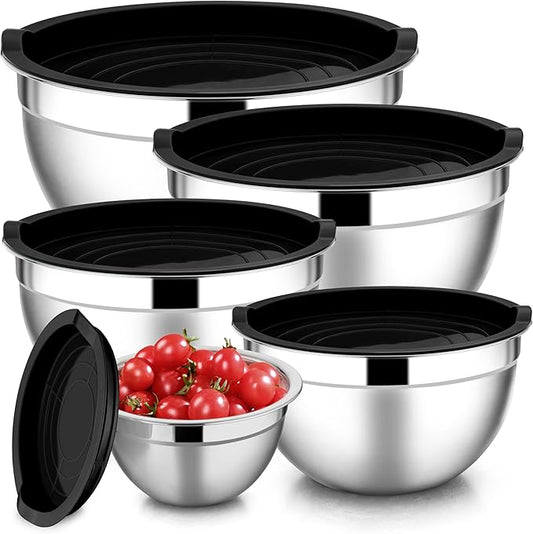 E-far Mixing Bowls with Lids Set of 5, Stainless Steel Black Mixing Bowls Metal Nesting Bowls with Airtight Lids for Cooking, Baking, Serving, Storage - Size 0.7/1/1.5/3/4.6QT - Dishwasher Safe by E-far