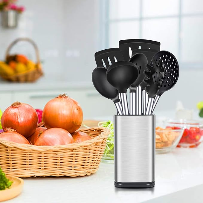 Silicone Cooking Utensil Set, 8Pcs Non-stick Cookware with Stainless Steel Handle, BPA Free Heat Resistant Kitchen Tools with Spatulas, Turners, Spoons, Skimmer and Pasta Fork - Image 8