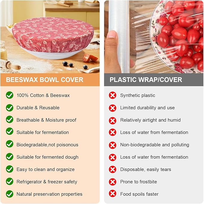 2Pcs Reusable Bowl Covers for Bread Proofing - Cotton Beeswax Bowl Covers Reusable with Elastic Rim, Eco-Friendly Sourdough Bowl Cover for Food Storage (10INCH) (Red & Black Leaves)