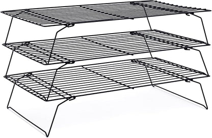 Cooling Rack for Baking 3 Tiers, 16" x 10" Cookie Cooling Wire Rack Stackable Collapsible Nonstick, Stainless Steel Baking Cooking Cooling Racks with Optimum Air Flow, Black by Briout