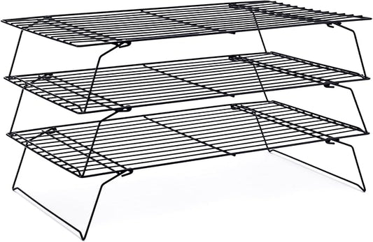 Cooling Rack for Baking 3 Tiers, 16" x 10" Cookie Cooling Wire Rack Stackable Collapsible Nonstick, Stainless Steel Baking Cooking Cooling Racks with Optimum Air Flow, Black by Briout