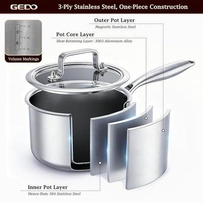 GEDO 3-Ply 304 Stainless Steel Saucepan with Lid, One-Piece Rivet-Free & Seamless Design, Angled Spout & Heat-Resistant Handle, Universal Stovetop Compatible for Indoor Cooking (7 In / 18cm Size) - Image 6