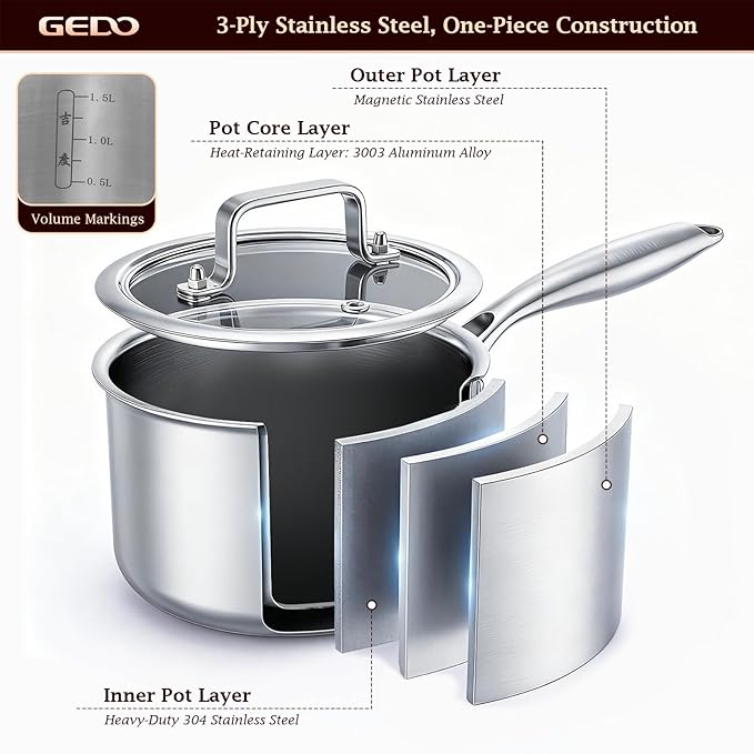 GEDO 3-Ply 304 Stainless Steel Saucepan with Lid, One-Piece Rivet-Free & Seamless Design, Angled Spout & Heat-Resistant Handle, Universal Stovetop Compatible for Indoor Cooking (6.3in / 16cm Size) - Image 6