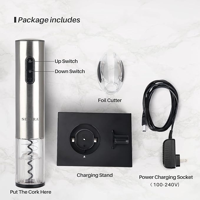 Secura Electric Wine Opener, Automatic Electric Wine Bottle Corkscrew Opener with Foil Cutter, Rechargeable (Stainless Steel) - Image 6