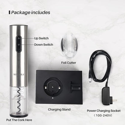 Secura Electric Wine Opener, Automatic Electric Wine Bottle Corkscrew Opener with Foil Cutter, Rechargeable (Stainless Steel) - Image 6