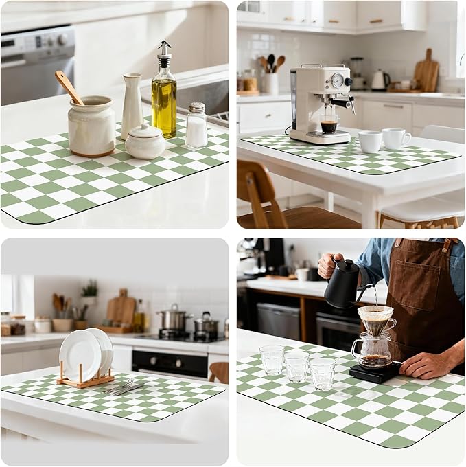 17" x 32" Checkered Dish Drying Mat for Kitchen Counter, Absorbent Coffee Bar Mat for Espresso Machine Coffee Countertops Accessories, Sage - Image 8