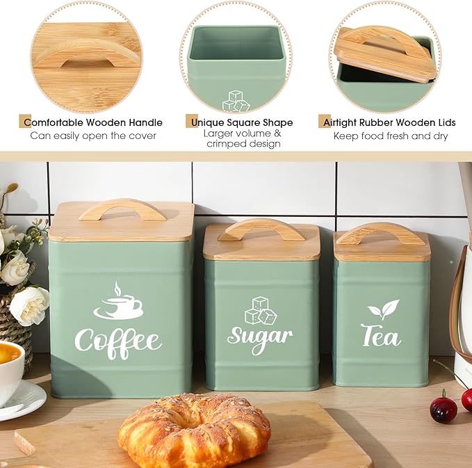 Maxdot 3 Set Coffee Sugar Tea Containers, Square Airtight Kitchen Canisters Storage Ground Organization with Bamboo Lids Rustic Metal Jars for Coffee Bar Beans, Tea Leaves, Food, Countertop(Turquoise) - Image 3