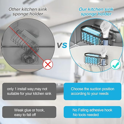 2-in-1 Sponge Holder for Kitchen Sink, Sink Caddy Kitchen Sink Organizer with 3 Suction Cups, No Drill Rustproof Sink Sponge Holder for Dish Brush, Soap & Sponge (Black)