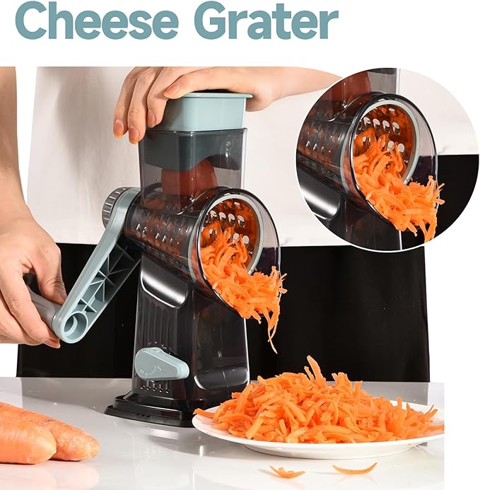 Rotary Cheese Grater with Handle Kitchen Shredder Slicer Grater Slicer Ice Shaver Cheese Vegetable Nuts Potato Zucchini Chocolate 3 Interchangeable Blades (GreyBlue) - Image 7