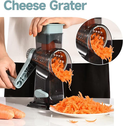 Rotary Cheese Grater with Handle Kitchen Shredder Slicer Grater Slicer Ice Shaver Cheese Vegetable Nuts Potato Zucchini Chocolate 3 Interchangeable Blades (GreyBlue) - Image 7