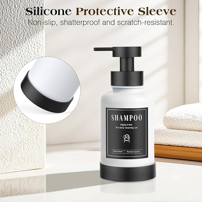 Luxspire Foaming Soap Dispenser, Glass Foam Pump Soap Dispenser, Non-Slip Hand Soap Bottle with 5 Waterproof Labels, 15 Oz Refillable Liquid Soap Bottle for Bathroom & Kitchen, White, 1 Pack
