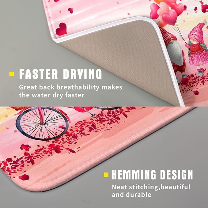 Pink Heart Valentine's Day Gnomes Dish Drying Mat for Kitchen Counter,Pink Bicycle Love Tree Drying Mat 16 x 18 Inch with Absorbent Reversible Microfiber Dish Drying Pad Dish Rack Pad for Coffee Bar - Image 3