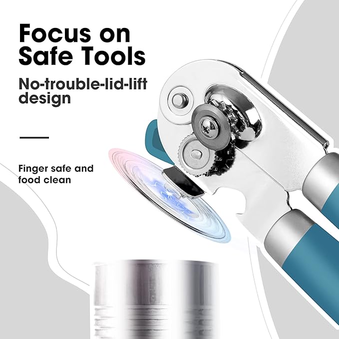 Beneno Heavy Duty Hand Can Opener Manual with Magnet, Durable Sharp Carbon Steel Blade Smooth Cutting, Big Effort-Saving Knob & Soft Grip Handle, Multifunctional Kitchen Tool with Bottle Opener, Aqua - Image 5