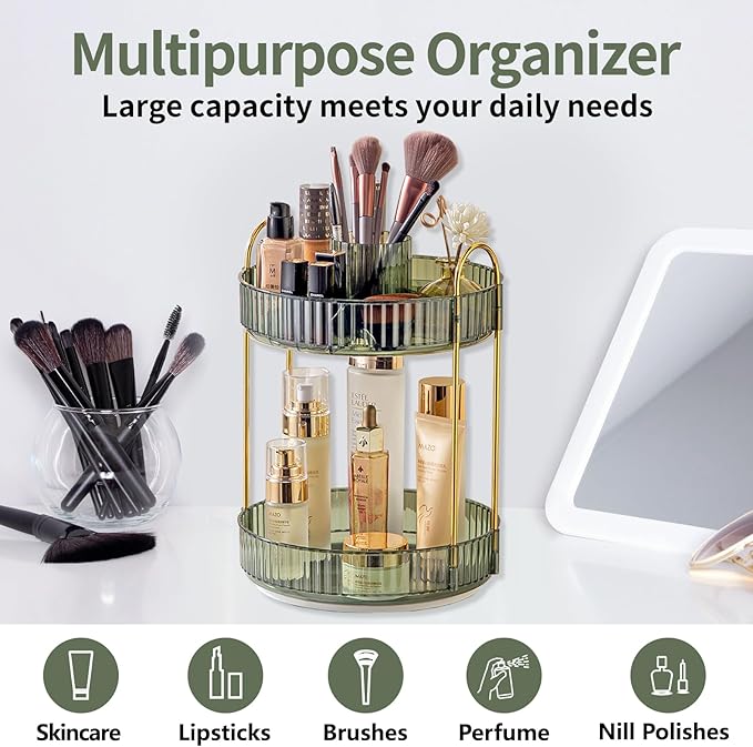 Asayuee 360 Rotating Makeup Organizer,2 Tier Large Capacity Make Up Organizers and Storage,Skincare Perfume Vanity Organizers,Bathroom Cosmetics Storage Organizer Countertop (Green) - Image 6