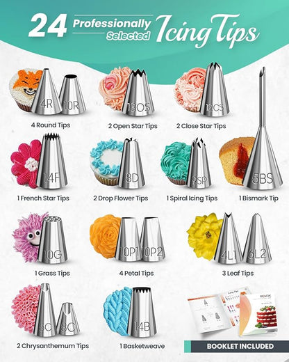 RFAQK 90PCs Cake Decorating Kit with Leveler, Baking Supplies Gift Includes Cake Stand Turntable, 24 Numbered Icing Tips, 55+1 Piping Bags, 2 Frosting Spatulas, 3 Scrappers, Video Course & Booklet - Image 4