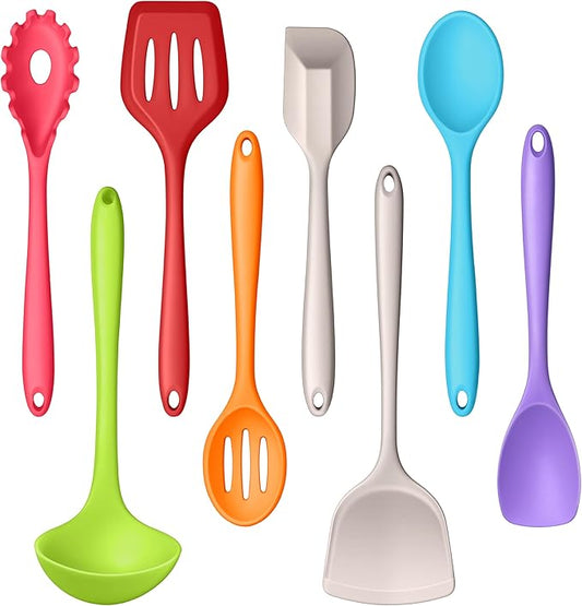LIANYU 8Pcs Kitchen Cooking Utensils Set, Silicone Utensils Spatula Set, Heat Resistant Cooking Gadgets for Nonstick Cookware, Include Silicone Spoon, Turner, Spatula, Ladle, Multi-Color by LIANYU