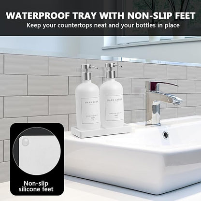 Glass Soap Dispenser Bathroom - Kitchen Dish Hand Soap Dispenser Set, Liquid Soap Lotion Dispenser with Tray, Hand Soap and Lotion Dispenser, White Bottle/Silver Pump-pd