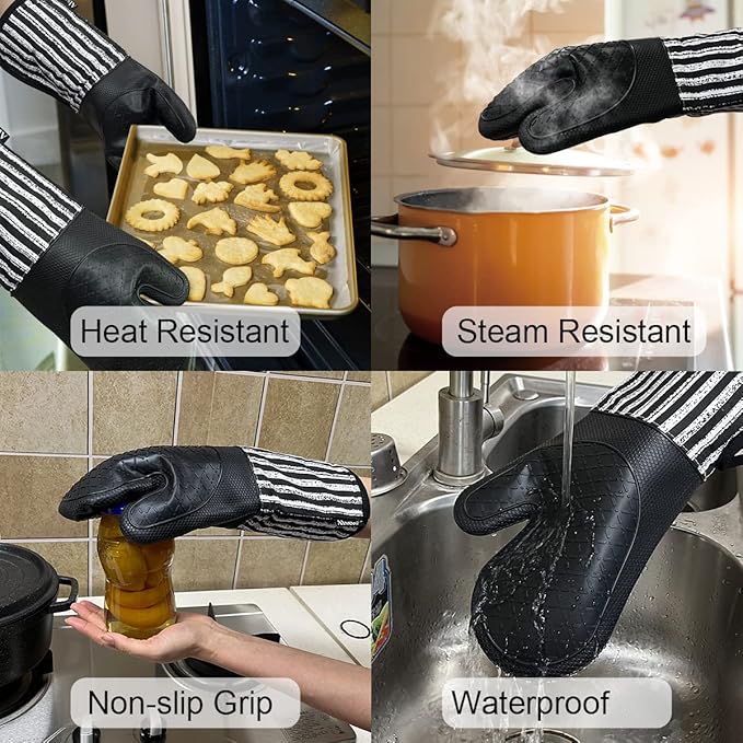 Alselo Silicone Oven Mitts Heat Resistant 932℉ with Waterproof & Non-Slip Kitchen Mittens, Set of 2 Extra Long Oven Gloves with Soft Cotton Terry Lining for Baking Cooking Barbecue (2, Black Mitts) - Image 4