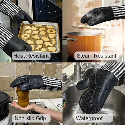 Alselo Silicone Oven Mitts Heat Resistant 932℉ with Waterproof & Non-Slip Kitchen Mittens, Set of 2 Extra Long Oven Gloves with Soft Cotton Terry Lining for Baking Cooking Barbecue (2, Black Mitts) - Image 4