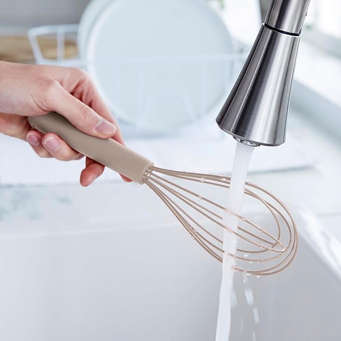 GreenPan Silicone Whisk, Mixing Blending Beating Stirring Cooking Kitchen Utensil, Flexible Rubber Nonstick Cookware, Rigid Steel Core, Heat-Resistant, Anti-Slip Handle BPA-Free Dishwasher Safe, Taupe - Image 4