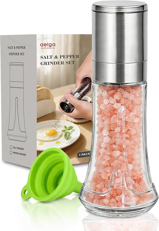 Aelga Salt Grinder with Silicone Funnel - 4oz Glass Manual Mills with Adjustable Ceramic Core, Refillable Kitchen Gadget by Aelga