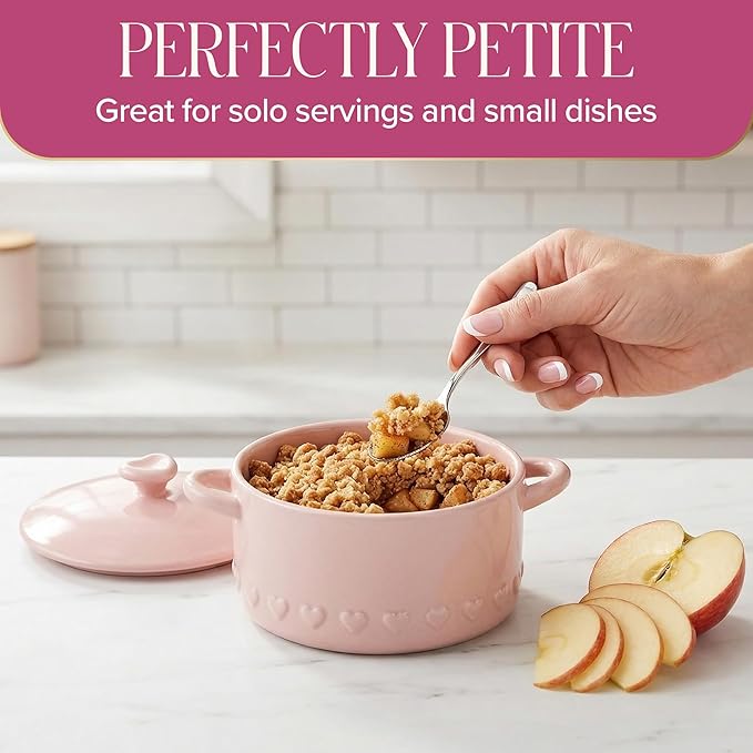 Paris Hilton Iconic Ceramic Stoneware Casserole Dish With Lid, Oven Safe Up To 450°F, Dishwasher & Microwave Safe, 28oz, Pink with Embossed Heart Design - Image 5