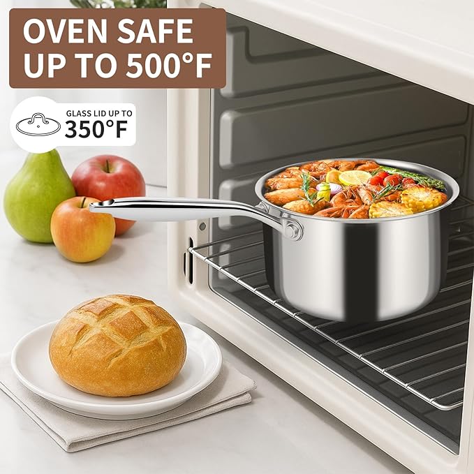 EWFEN 3 Ply Stainless Steel Sauce Pan Set with Lids, 1 & 2 Quart Multipurpose Cooking Pot, Stay-Cool Handle, Induction Oven Dishwasher Safe, 1QT & 2QT - Image 8