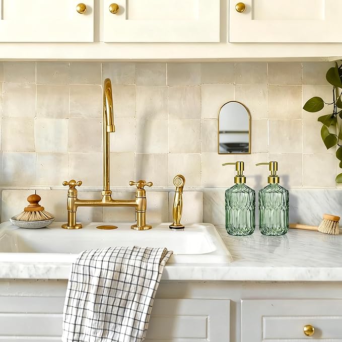 COHOSEGE 17 Oz Green Glass Kitchen Soap Dispenser for Dish Soap, 2 Pack Bathroom Soap Dispenser Set with Gold Rust Proof Pump for Lotion, Hand soap or Body Wash - Image 4