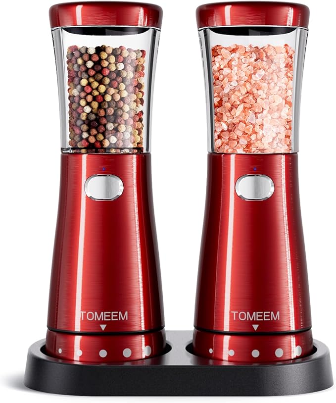 Electric Salt and Pepper Grinder Set with Storage Base, Stainless Steel Rechargeable Salt and Pepper Grinder Set with 4.5 oz Large Capacity, 1.8" Wide Mouth, Adjustable Coarseness, Ideal for Kitchen by Tomeem