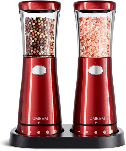 Electric Salt and Pepper Grinder Set with Storage Base, Stainless Steel Rechargeable Salt and Pepper Grinder Set with 4.5 oz Large Capacity, 1.8" Wide Mouth, Adjustable Coarseness, Ideal for Kitchen by Tomeem