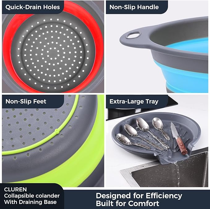 Collapsible Colander Set with Oversized Draining Tray | 3-Pack Foldable Kitchen Strainers + Base | Space Saving for Pasta, Veggies, Fruit & Rice | 5 Colors (Gray-Blue-Red-Green) - Image 6