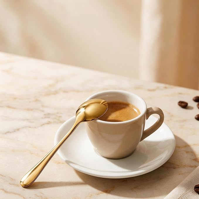Espresso Spoons Long Handle, 4PCS Gold Stainless Steel Coffee Stirring Spoons 7.28 Inch, Round Tip Demitasse Spoon for Iced Coffee, Tea, Dessert, Cappuccino, Coffee Bar