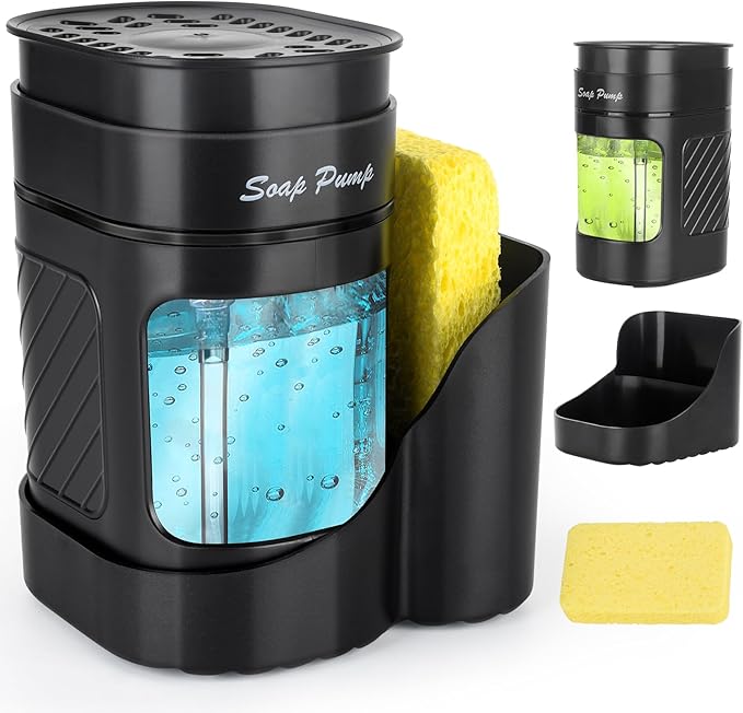 Kitchen Dish Soap Dispenser with Sponge Holder, 3-in-1 Countertop Dishwashing Soap Pump Dispenser Set for Kitchen Sink, Useful Kitchen Gadgets - Black by Bestseek