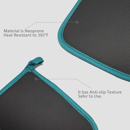 2Pcs Cotton and Neoprene Oven Pads Pot Holders with Pocket 8"x8.5" Dual-Function Hot Pad Set for Finger Hand Wrist Protection Heat Resistant to 428°F Teal,Green