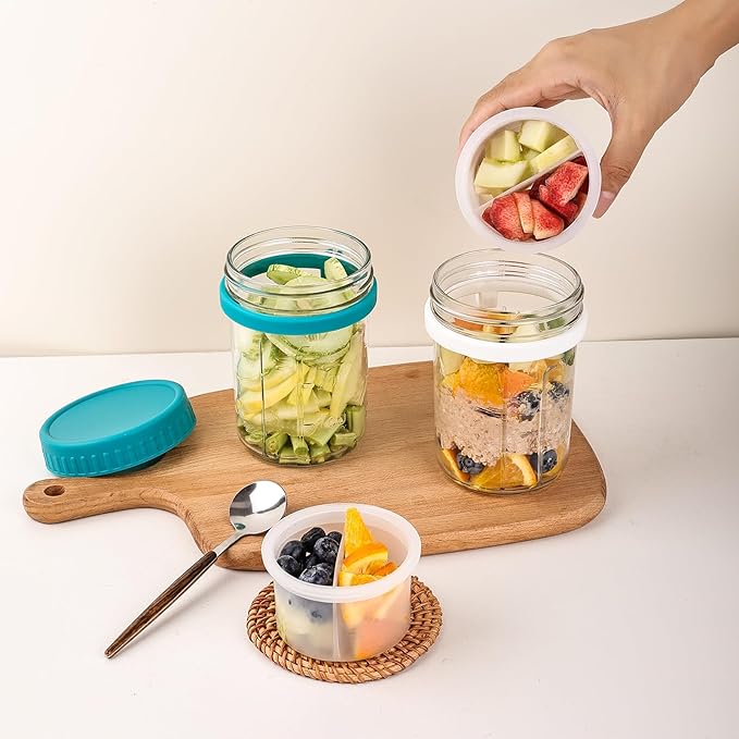 6 Pack Overnight Oats Containers with Lids and Spoons, 16 OZ Glass Mason Jars with Removable Separate Compartments, Airtight Leak Proof Oatmeal Container for Chia Pudding, Yogurt, Breakfast, Cereal - Image 6