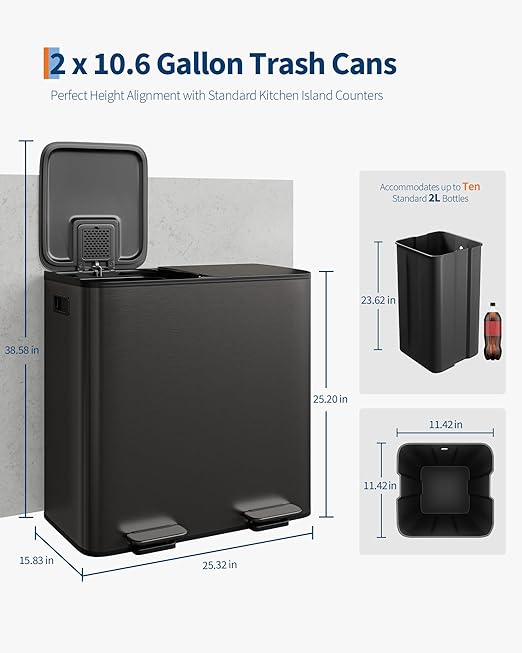 Garvee Double Trash Can, 2 x 10.6 gal (2 x 40 L) Garbage Can for Kitchen Dual Compartment Recycling Kitchen Step Trash Bin, Stainless Steel Trash and Recycle Bin Combo with Soft-Close Lid,Black - Image 6