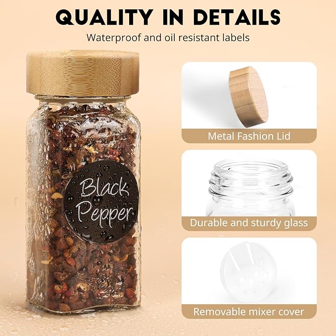 6Pcs Spice Jars with Label, 4oz Empty Square Seasoning Containers, Spice Jars with Shaker Lids, Small Spice Bottles for Salt, Herbs, Sugar, Pepper, Seasoning Jars for Spice Rack, Cabinet, or Drawer - Image 3