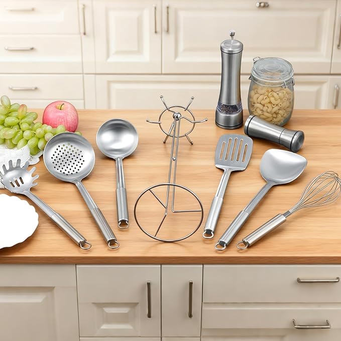 Stainless Steel Kitchen Cooking Utensils Set of 7 - Kitchen Utensils with Hanging Rack, Spatula, Slotted Turner, Soup Ladle, Slotted Spoon, Whisk, Pasta Server, Holder, Dishwasher Safe - Image 7