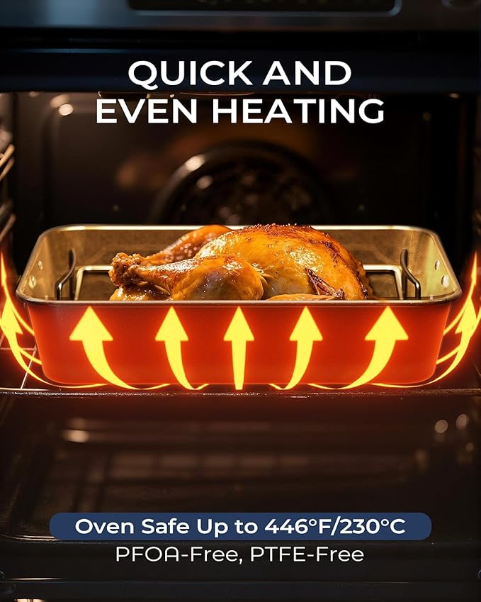 Turkey Roasting Pan with Rack Non stick Carbon Steel Roaster 16x11 Inch, Dishwasher Safe, Deep Baking Broiler Pan for Oven Chicken, Bacon, Golden