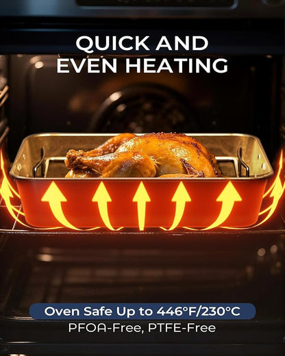 Turkey Roasting Pan with Rack Non stick Carbon Steel Roaster 16x11 Inch, Dishwasher Safe, Deep Baking Broiler Pan for Oven Chicken, Bacon, Golden