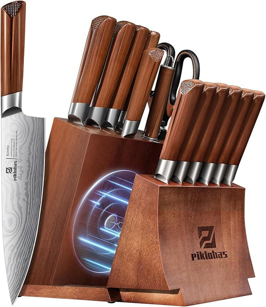 Kitchen Knife Sets With Block, Piklohas 15 Pieces Knife Sets With Magnetic Detachable Knife Holder, High Carbon Steel Damascus Pattern Chef Knife Set With Steak Knives, Ideal For House Warming Gift