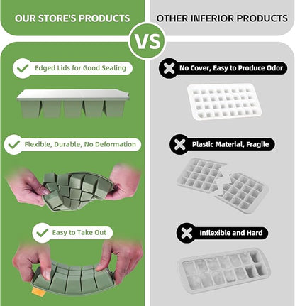 FANYITY Silicone Ice Cube Tray with Lid, Green, Pack of 4 Ice Cube Moulds, Silicone Mould, BPA-Free, Stackable Ice Cube Tray, Ice Cube Trays for Baby Porridge, Cocktail, Whiskey, Coffee