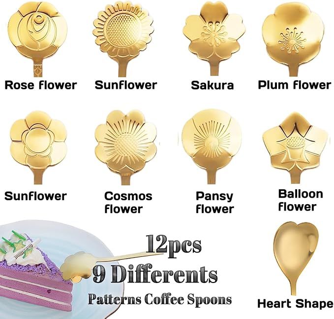 12 Pcs Flower Coffee Tea Spoons Set with Storage Bag, 4 Long & 8 Short Stainless Steel Teaspoons for Sugar Dessert Ice Cream Stirring, Cute Fancy Tableware for Tea Party Kitchen Cafe Bar(Gold)